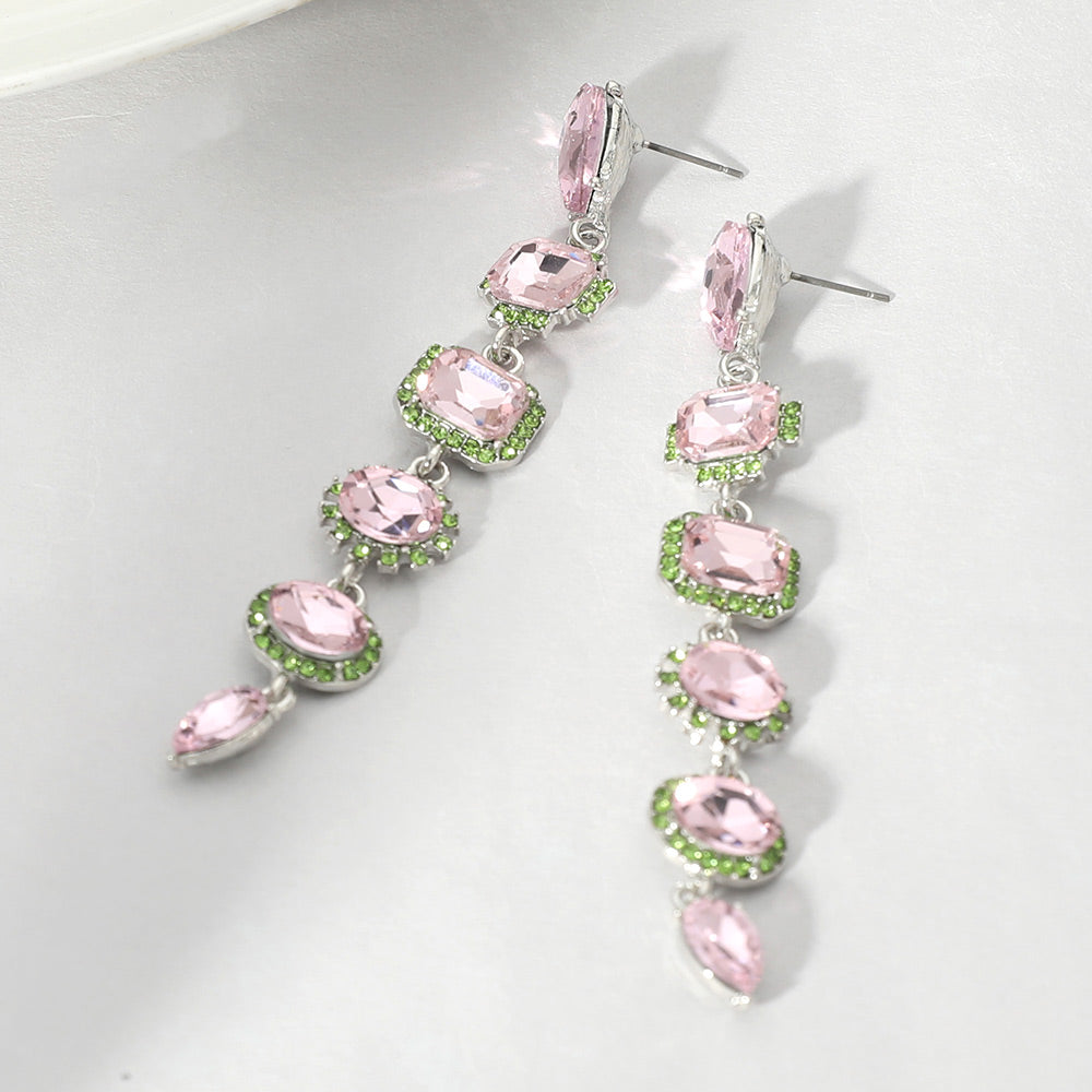 Long Pink & Green Multi Stone Link Drop Pageant Earrings | Long Fuchsia Prom Earrings