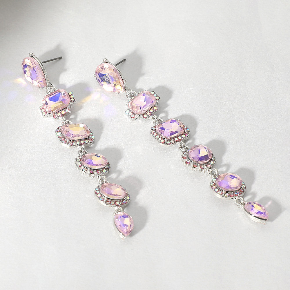 Long Pink AB Multi Stone Link Drop Pageant Earrings Silver| Long Pink AB Prom Earrings