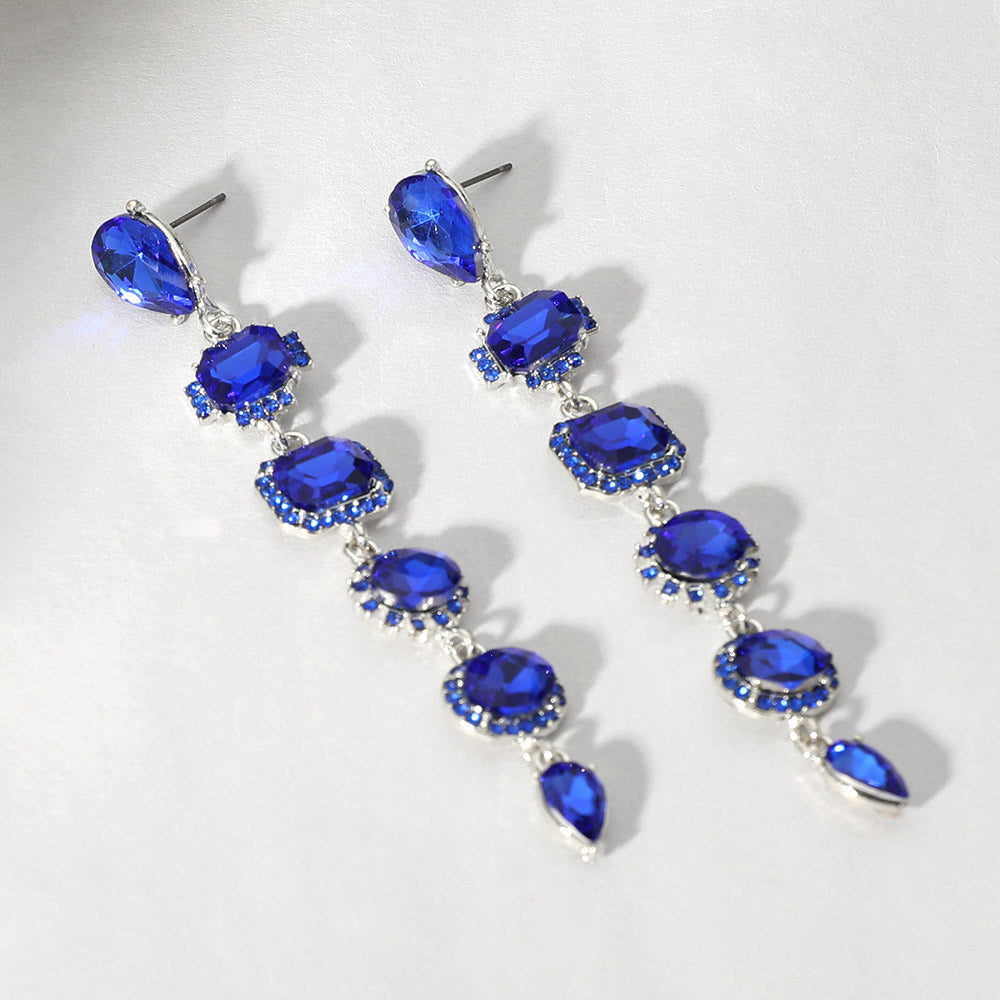 Long Sapphire Multi Stone Link Drop Pageant Earrings Silver| Long Sapphire Prom Earrings