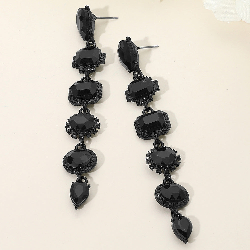 Long Black Multi Stone Link Drop Pageant Earrings Silver | Long Black Prom Earrings
