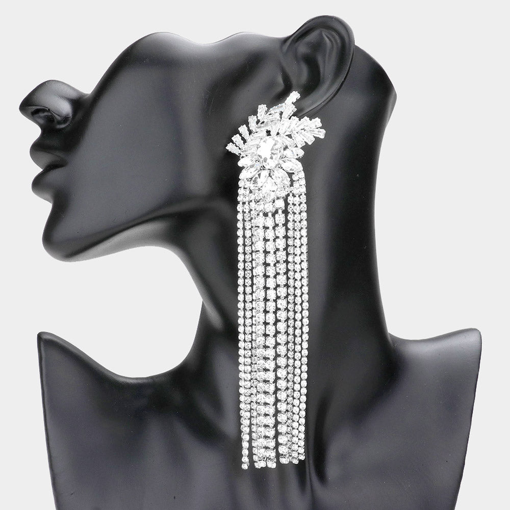 Very Long Clear Multi Stone and Rhinestones Fringe Pageant Earrings | Evening Earrings