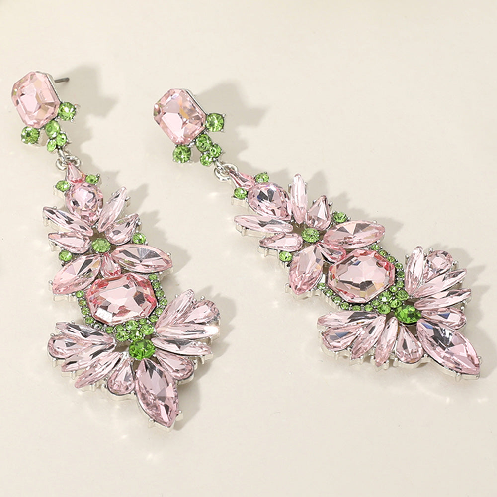 Pink & Green Mixed Stone Embellished Pageant Chandelier Earrings | Pink & Green Prom Earrings