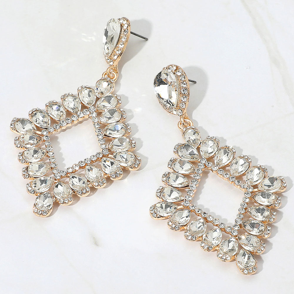 Clear Teardrop Stone Geometric Dangle Earrings on Gold