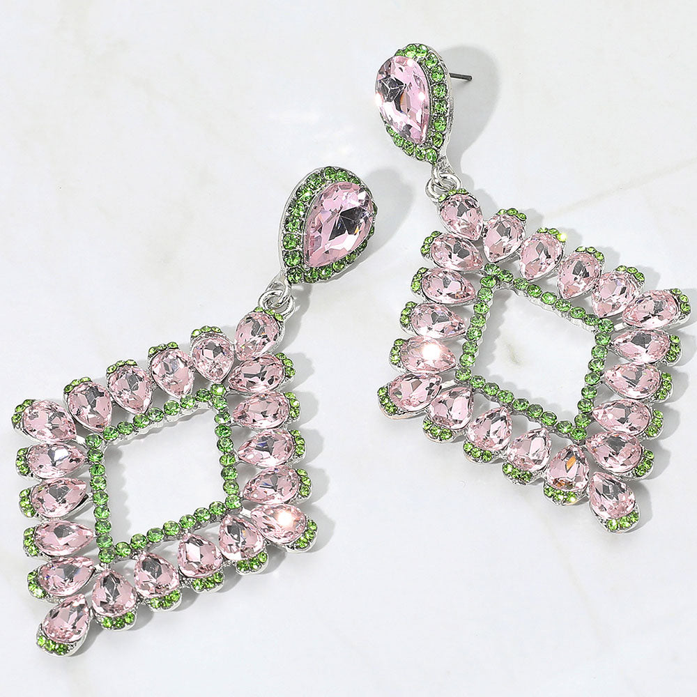 Pink & Green Teardrop Stone Geometric Dangle Earrings