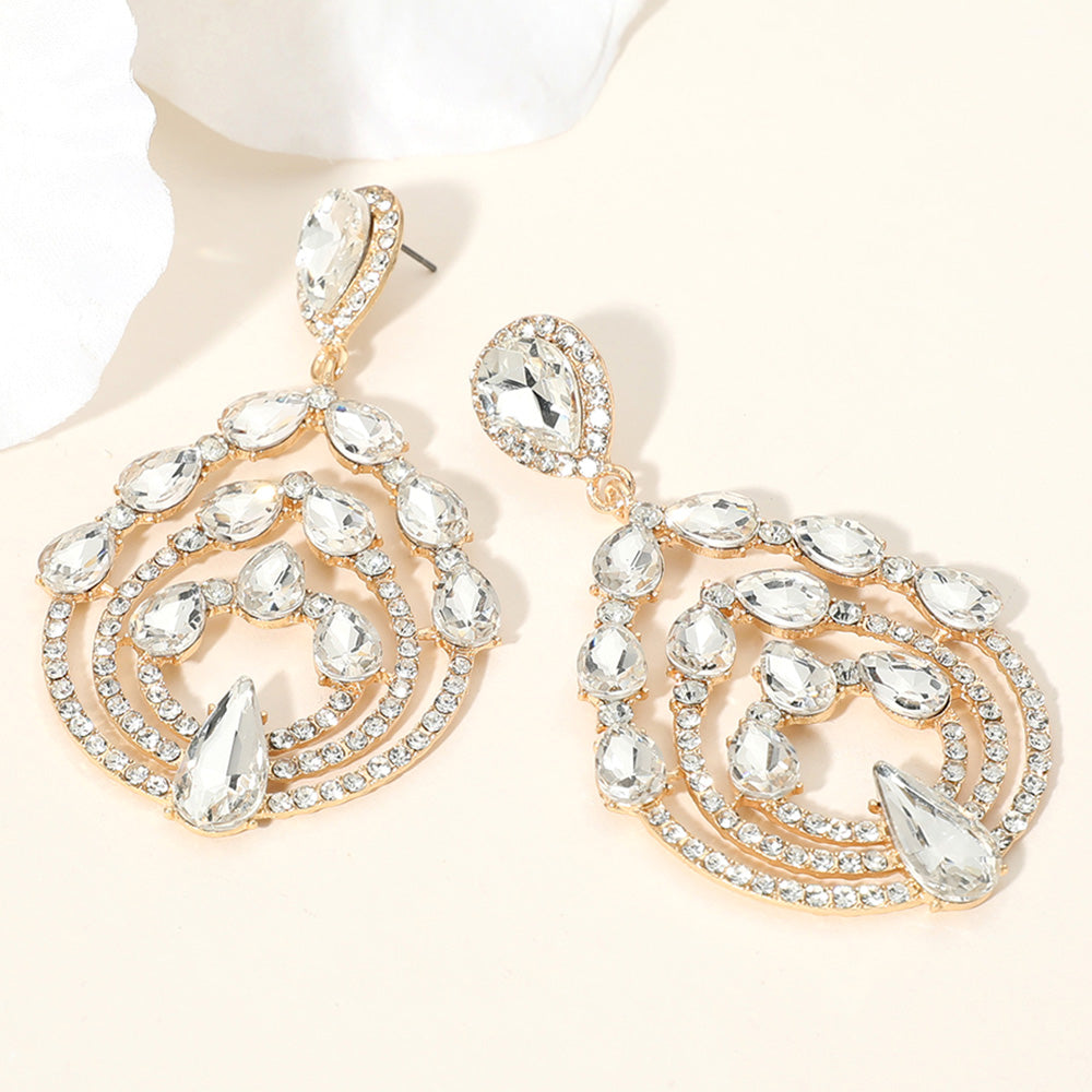 Clear Teardrop Stones and Clear Rhinestones in a Triple Hoop Surround Chandelier Earrings | Evening Earrings