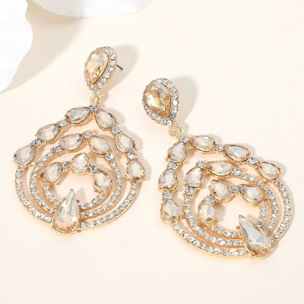 Light Topaz Teardrop Stones and Clear Rhinestones in a Triple Hoop Surround Chandelier Earrings | Evening Earrings