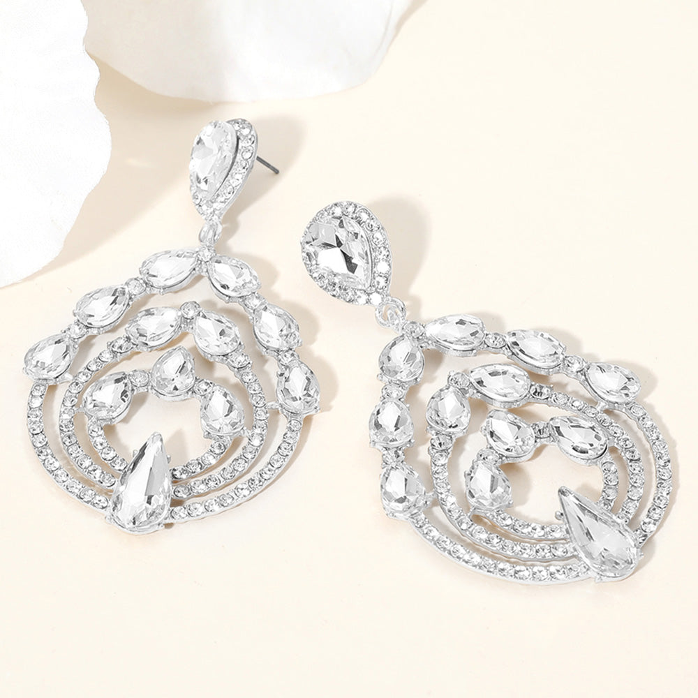 Clear Teardrop Stones and Clear Rhinestones in a Triple Hoop Surround Chandelier Earrings | Evening Earrings