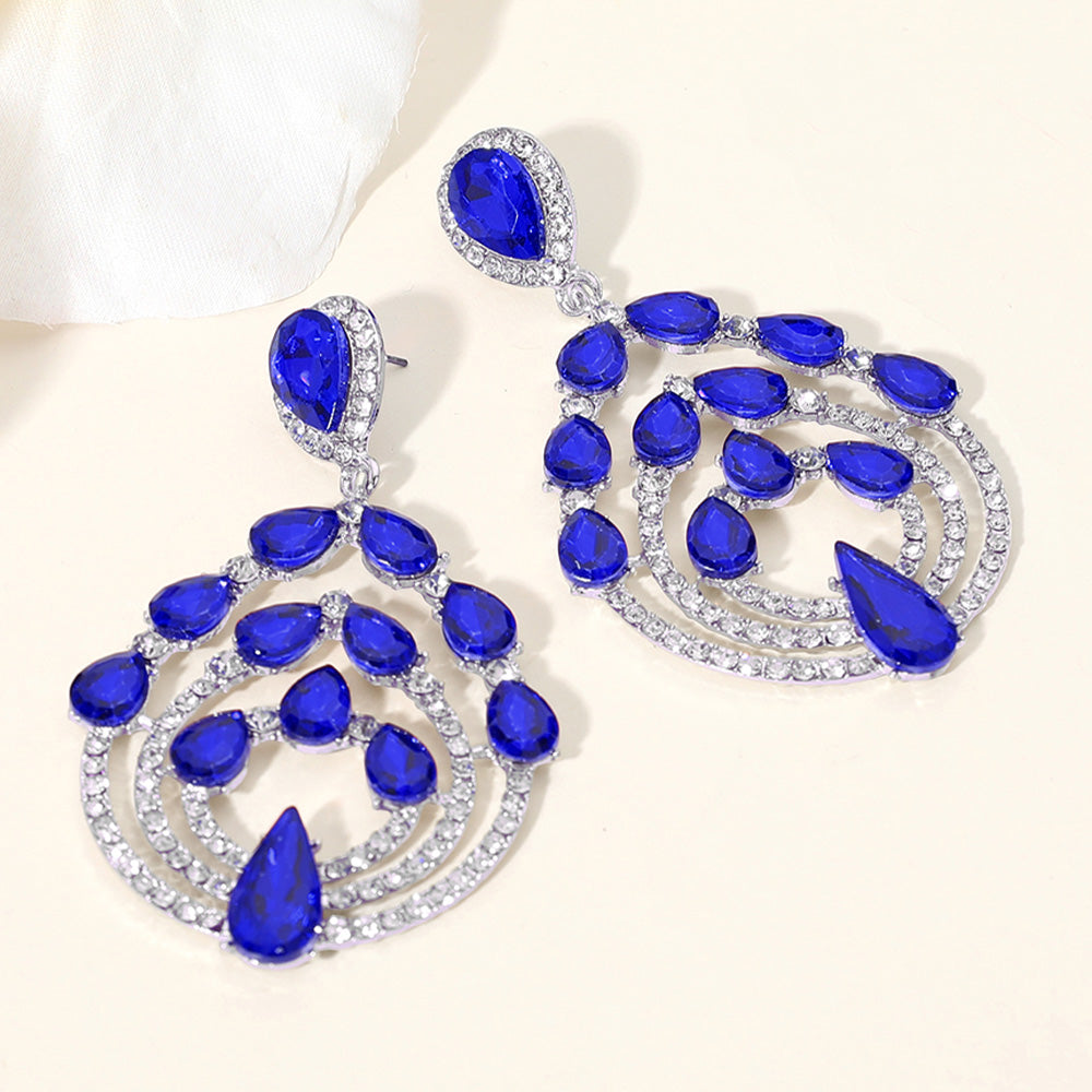 Sapphire Teardrop Stones and Clear Rhinestones in a Triple Hoop Surround Chandelier Earrings | Evening Earrings