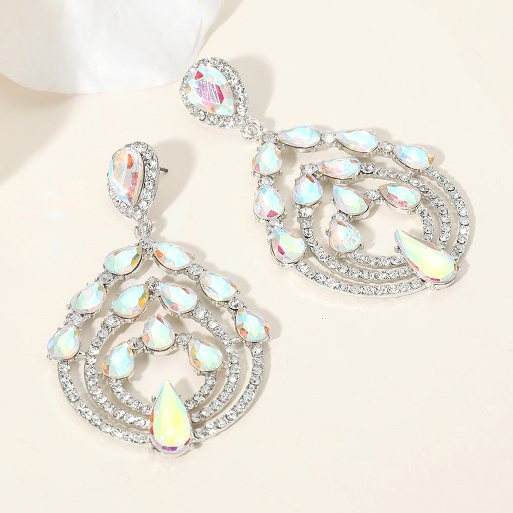 AB Teardrop Stones and Clear Rhinestones in a Triple Hoop Surround Chandelier Earrings