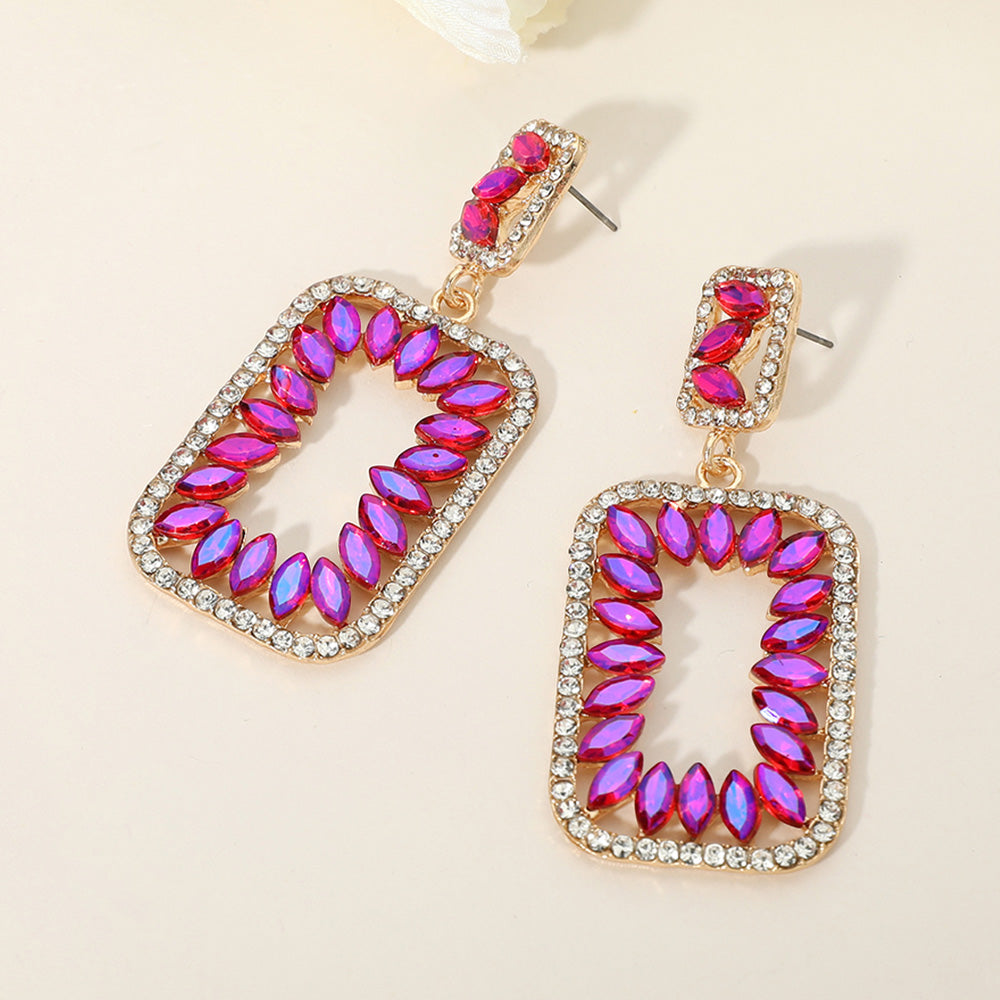 Purple AB Marquise Stone Rhinestone Trimmed Rectangle Drop Pageant Earrings | Purple AB Prom Earrings