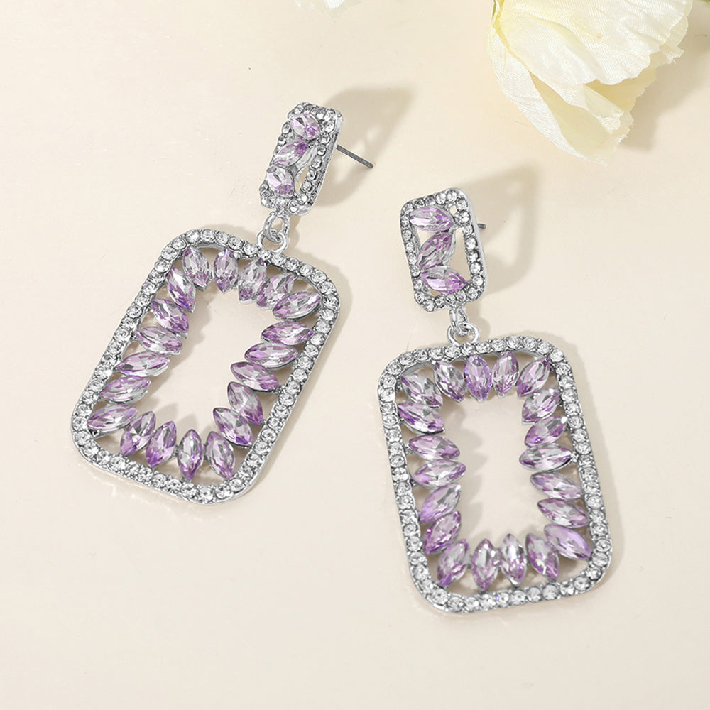 Purple Marquise Stone Rhinestone Trimmed Rectangle Drop Pageant Earrings | Purple Prom Earrings