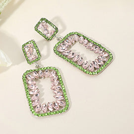 Pink & Green Marquise Stone Rhinestone Trimmed Rectangle Drop Pageant Earrings | Pink & Green Prom Earrings
