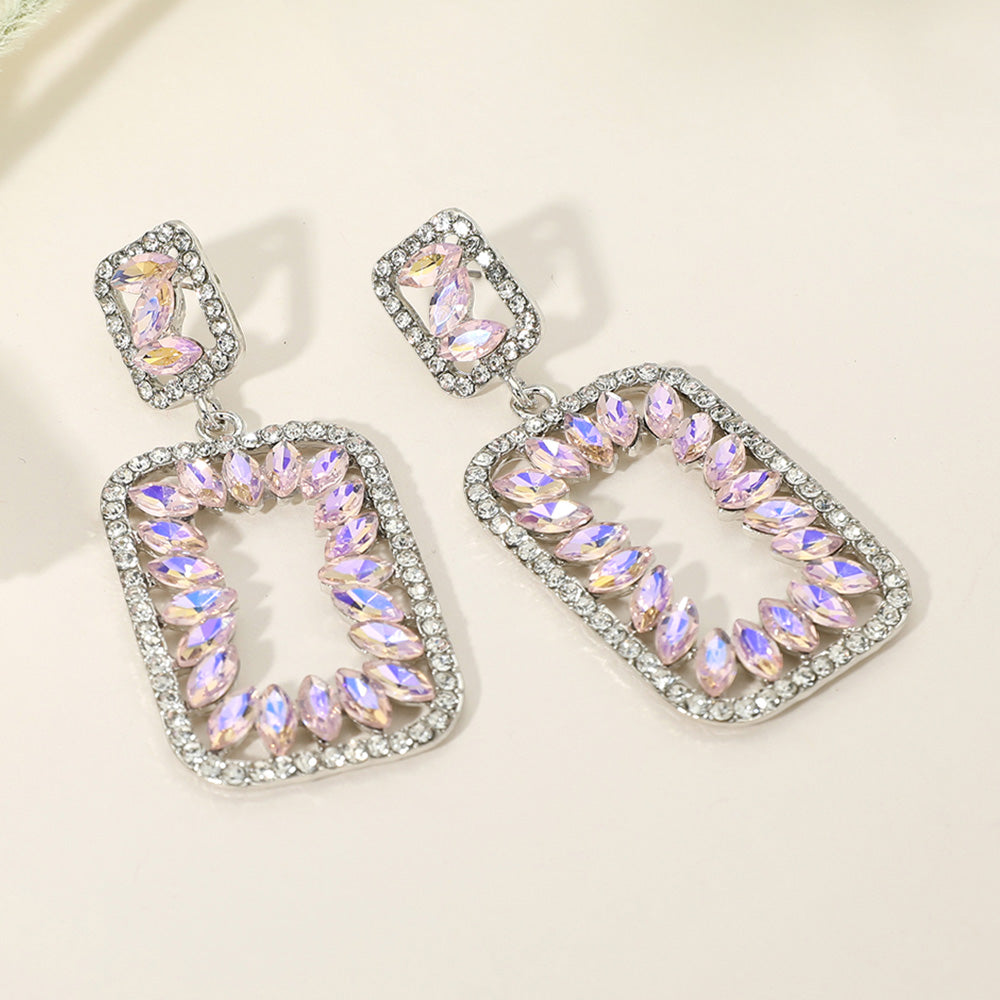 Pink AB Marquise Stone Rhinestone Trimmed Rectangle Drop Pageant Earrings | Pink AB Prom Earrings