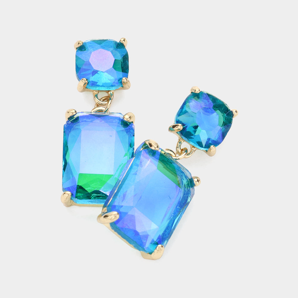 Blue AB Square Stone Dangle Pageant Earring  | Interview Earrings