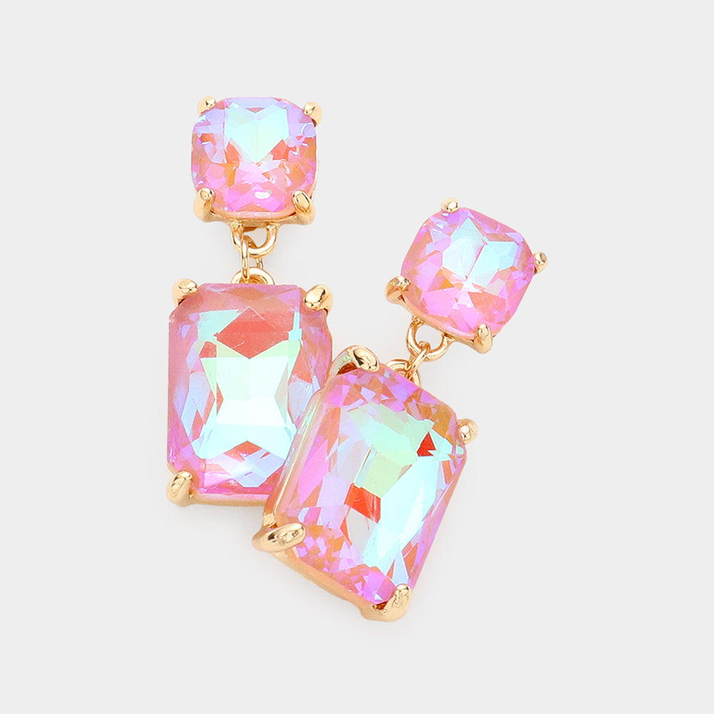 Pink AB Square Stone Dangle Pageant Earring  | Interview Earrings