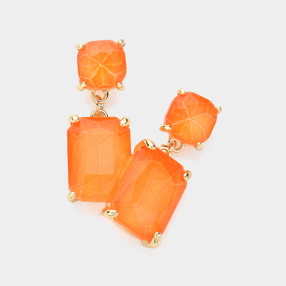 Neon Coral Square Stone Dangle Pageant Earring  | Interview Earrings
