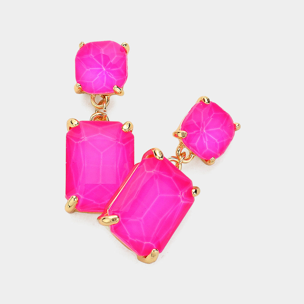 Neon Fuchsia Square Stone Dangle Pageant Earring  | Interview Earrings