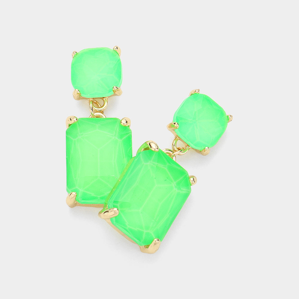 Neon Green Square Stone Dangle Pageant Earring  | Interview Earrings