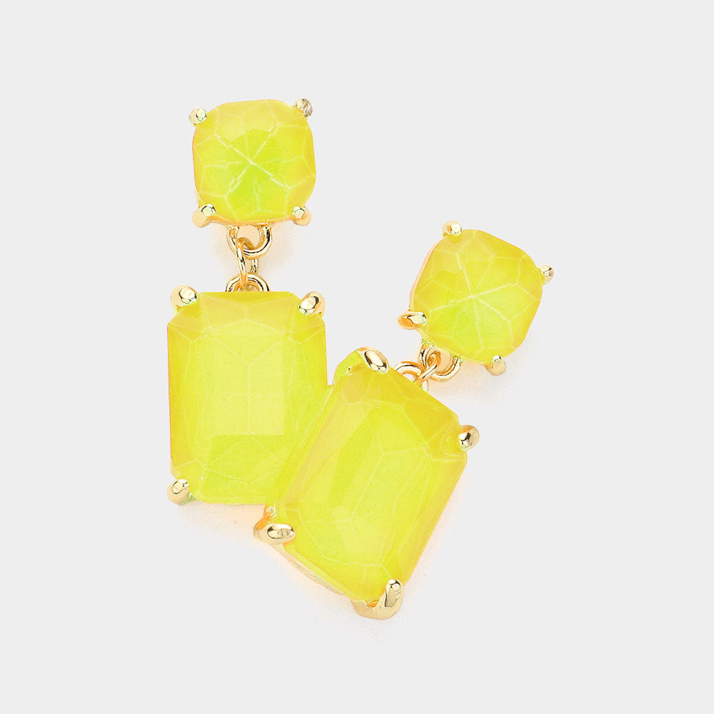 Neon Yellow Square Stone Dangle Pageant Earring  | Interview Earrings