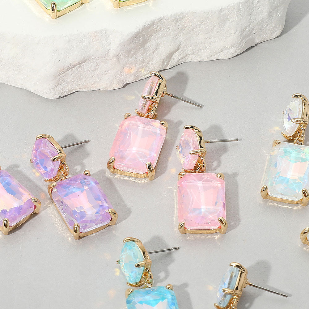 Pink Opal Square Stone Dangle Pageant Earring  | Interview Earrings