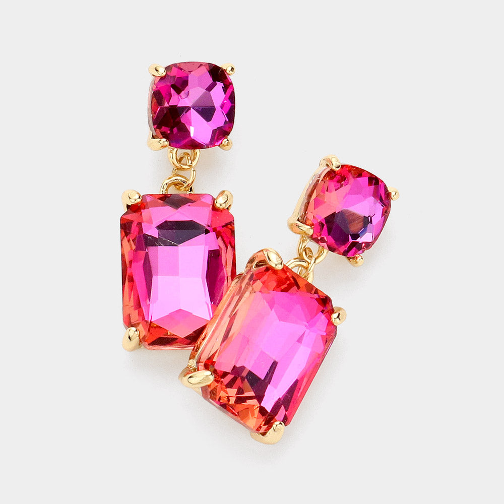 Fuchsia AB Square Stone Dangle Pageant Earring  | Interview Earrings