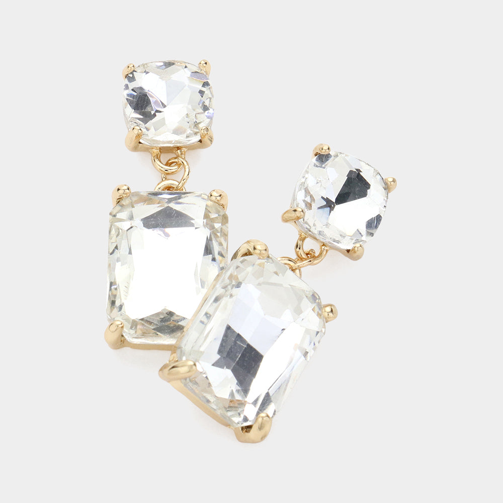 Clear Square Stone Dangle Pageant Earring on Gold | Interview Earrings