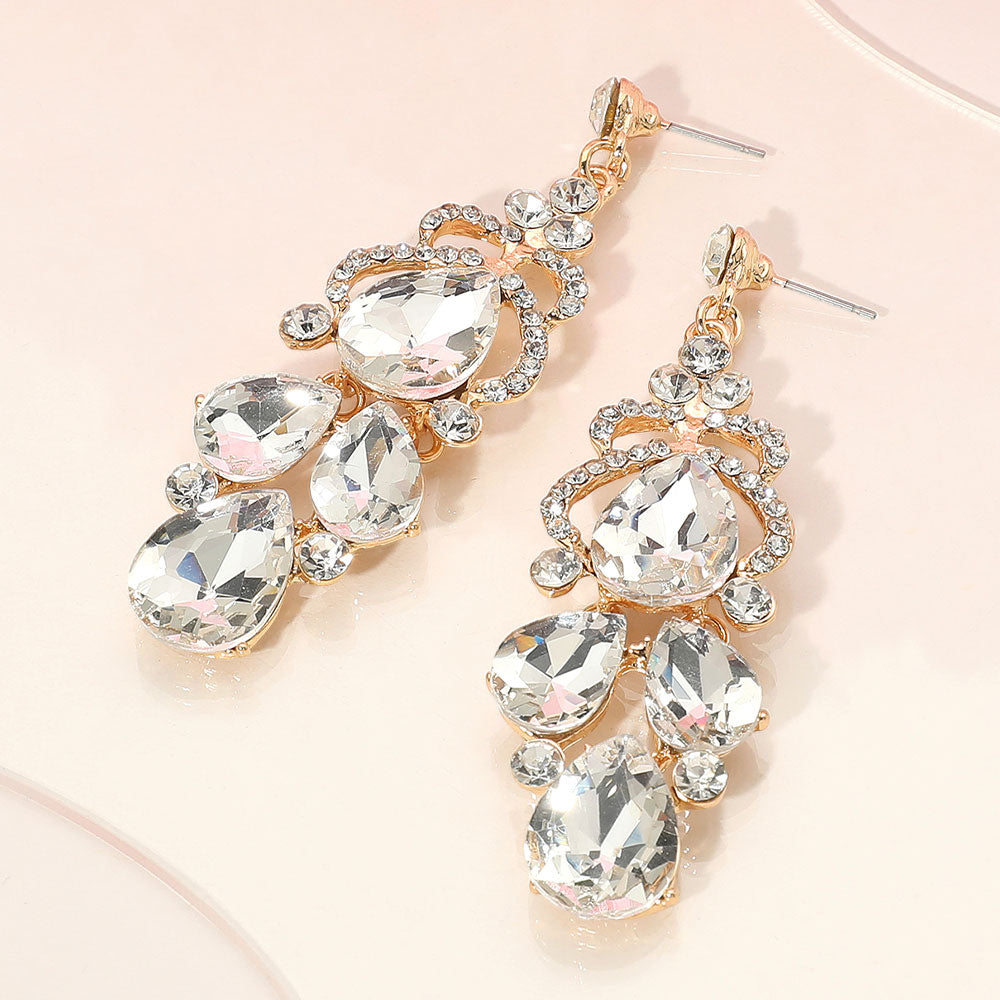 Clear Teardrop Stone Chandelier Pageant Earrings on Gold | Clear Prom Earrings