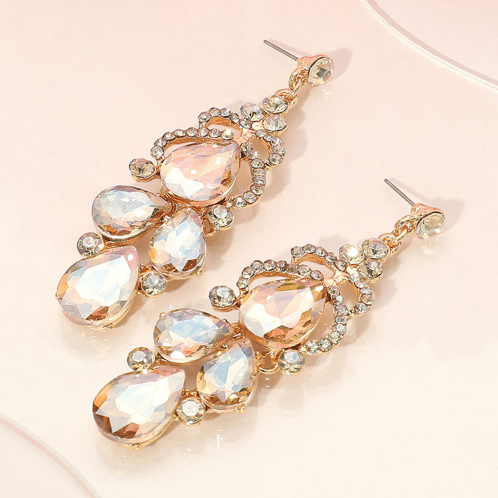 Light Topaz Teardrop Stone Chandelier Pageant Earrings  | Gold Prom Earrings