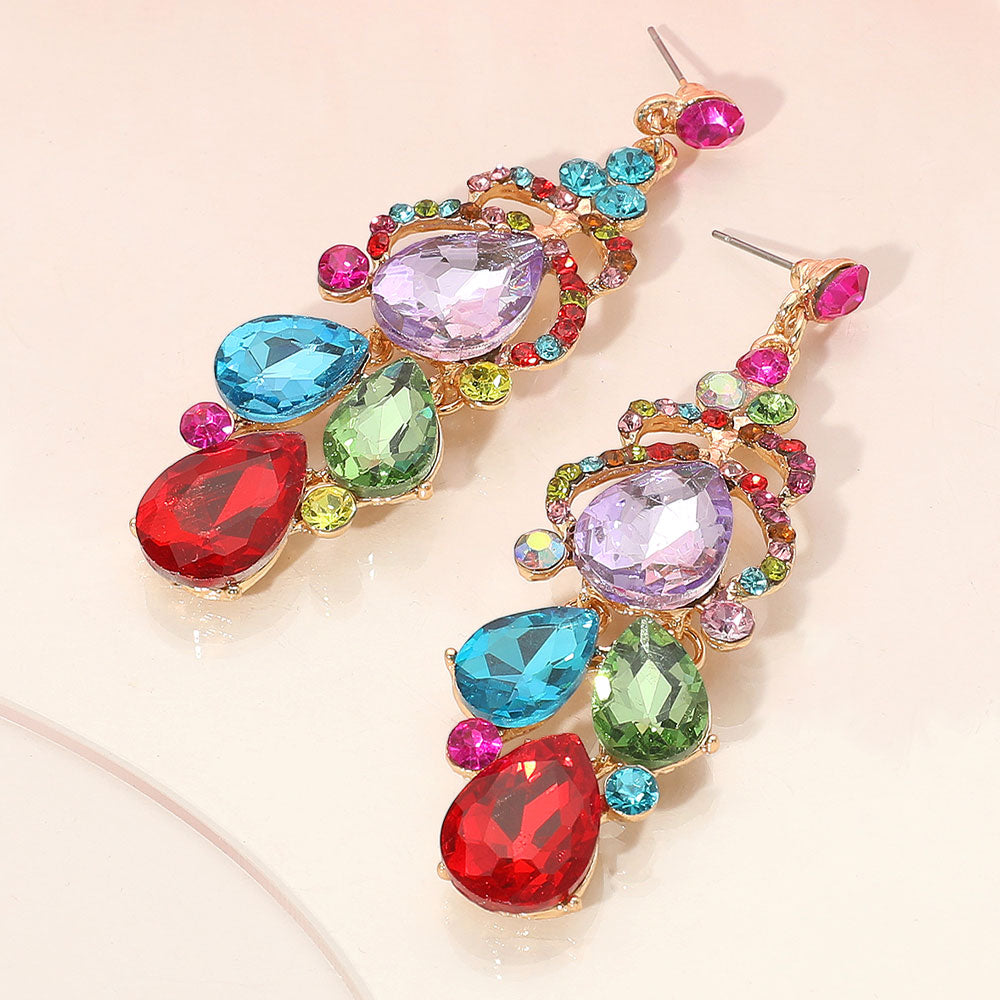 Multi-Color Teardrop Stone Chandelier Pageant Earrings  | Multi-Color Prom Earrings