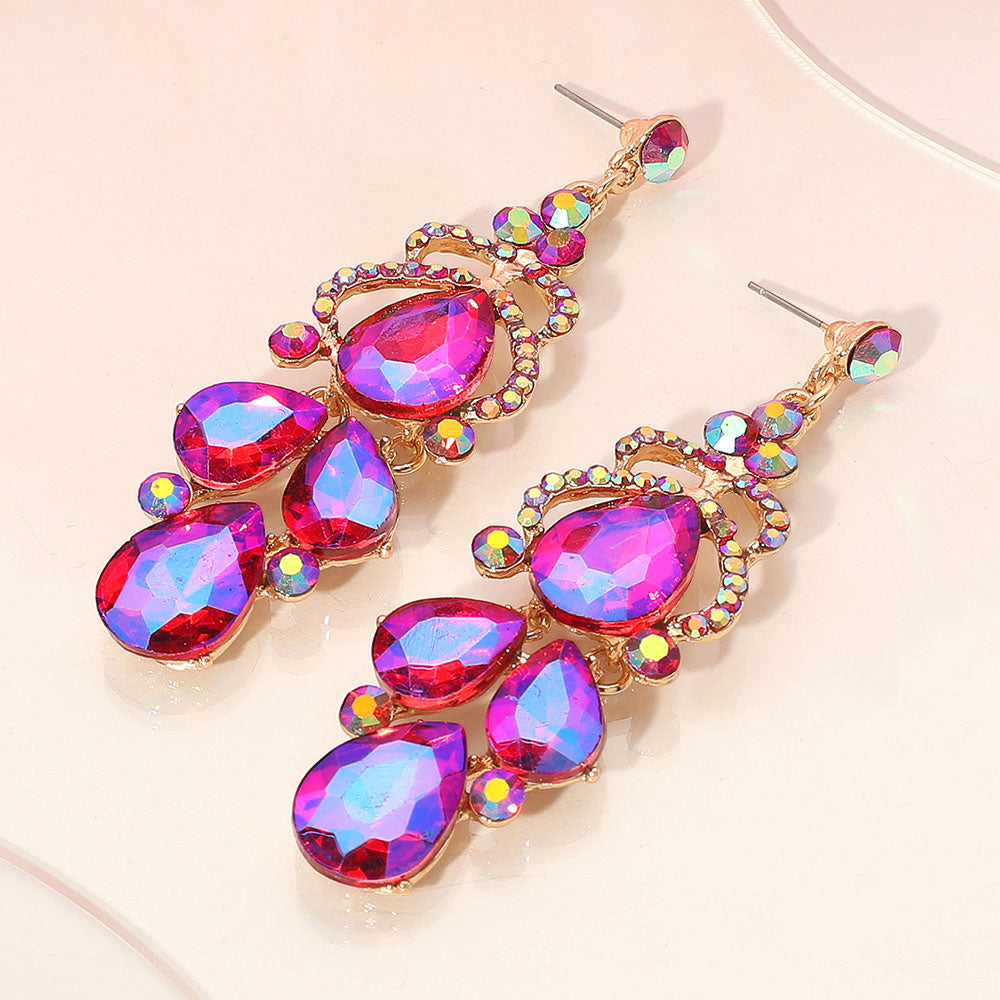 Purple AB Teardrop Stone Chandelier Pageant Earrings  | Purple AB Prom Earrings