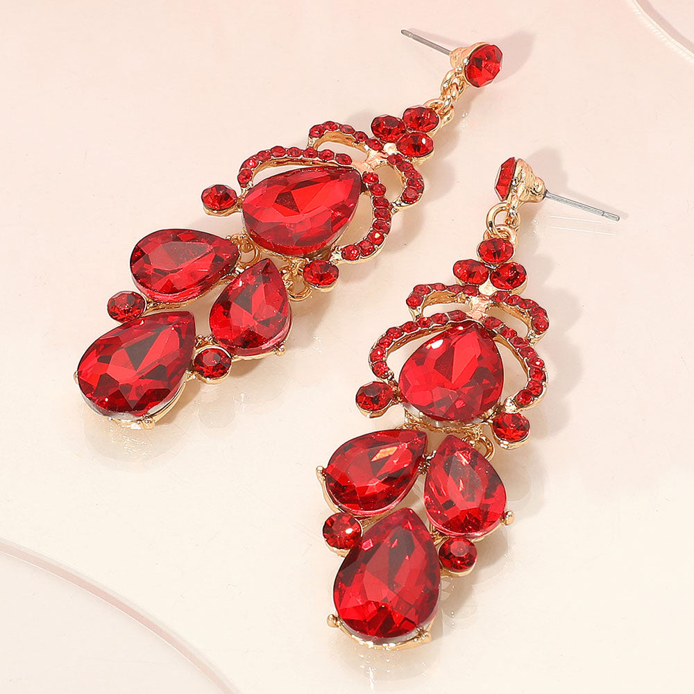 Red Teardrop Stone Chandelier Pageant Earrings | Red Prom Earrings