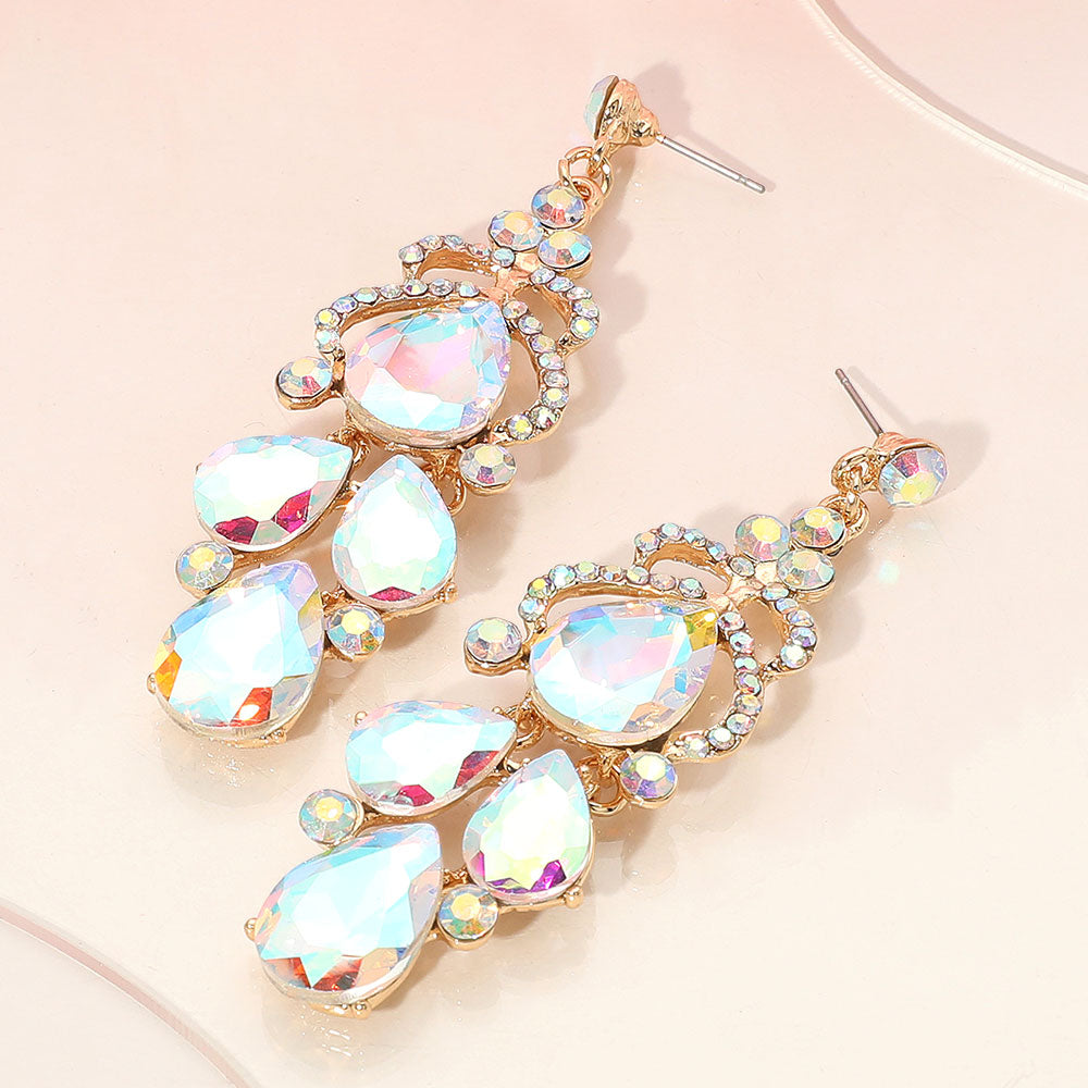 AB Teardrop Stone Chandelier Pageant Earrings on Gold  | AB Prom Earrings