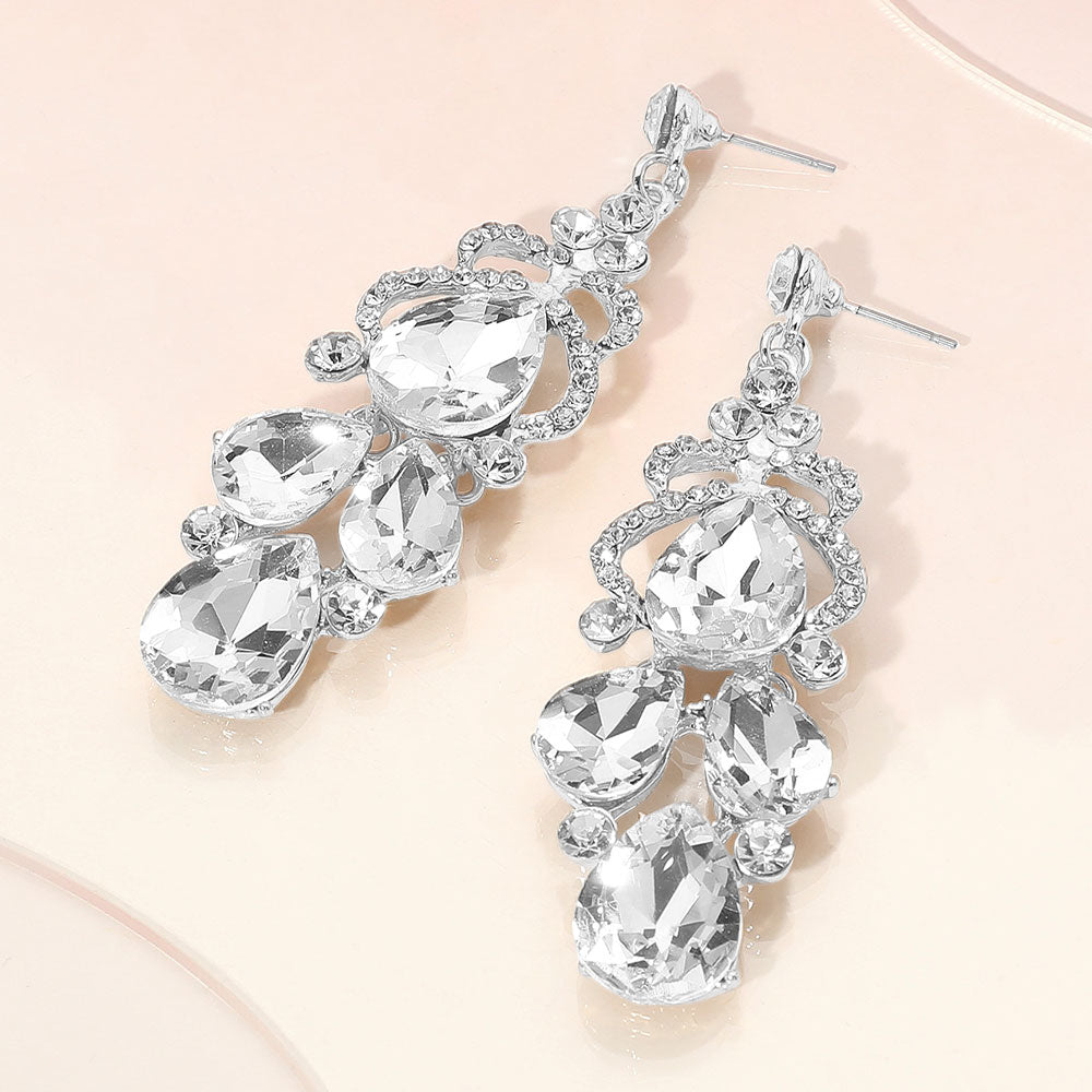Clear Teardrop Stone Chandelier Pageant Earrings   | Clear Prom Earrings