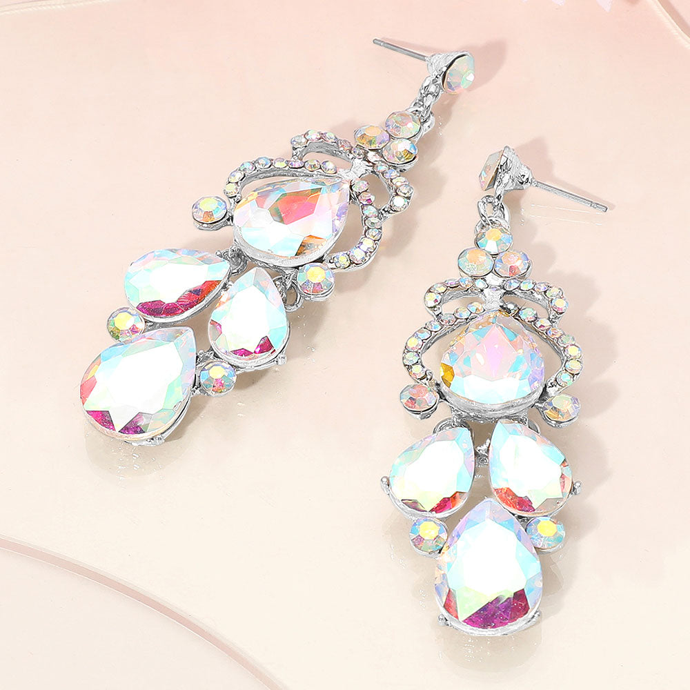 AB Teardrop Stone Chandelier Pageant Earrings  | AB Prom Earrings