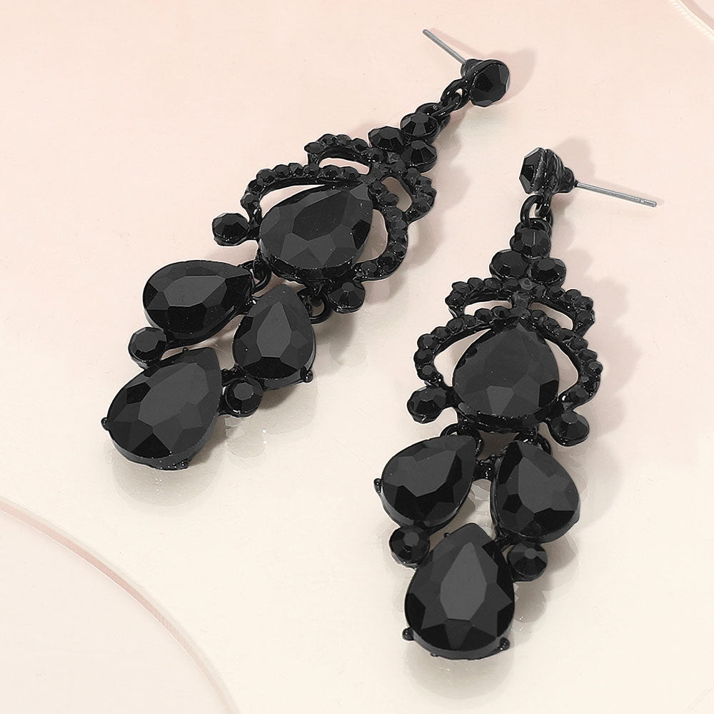 Black Teardrop Stone Chandelier Pageant Earrings   | Black Prom Earrings