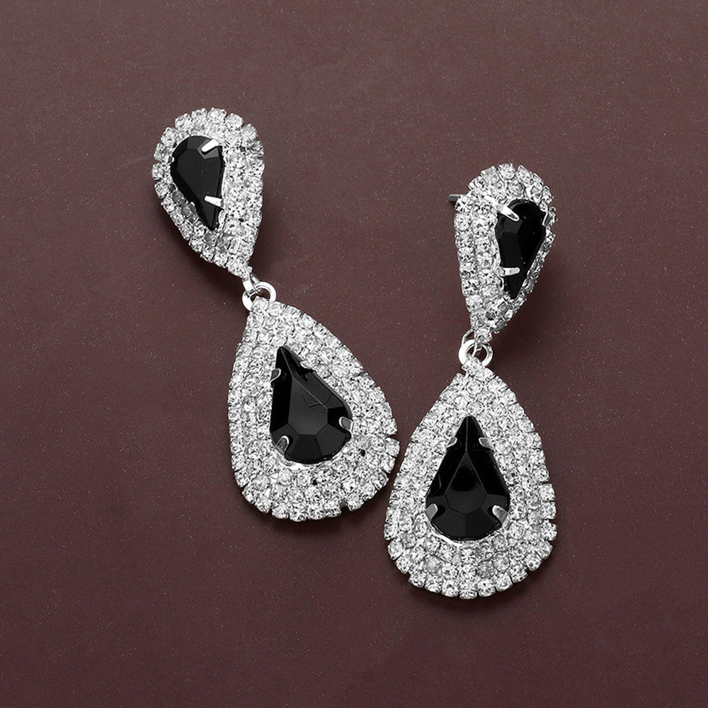Black Marquise Stone Flower Pageant Earrings  | Black Evening Earrings on Silver