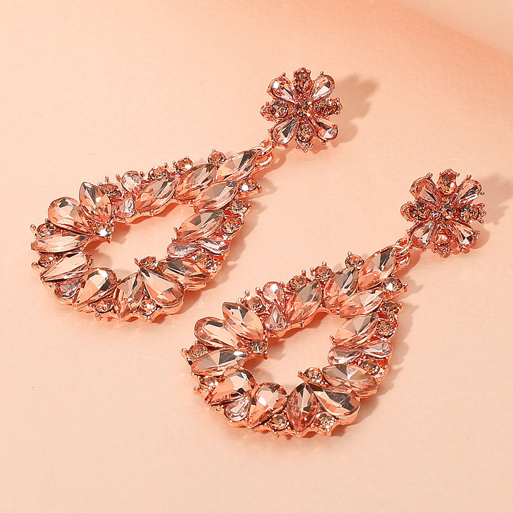 Peach Marquise and Teardrop Stone Elongated Open Center Chandelier Pageant Earrings on Rose Gold | Special Occasion Jewelry
