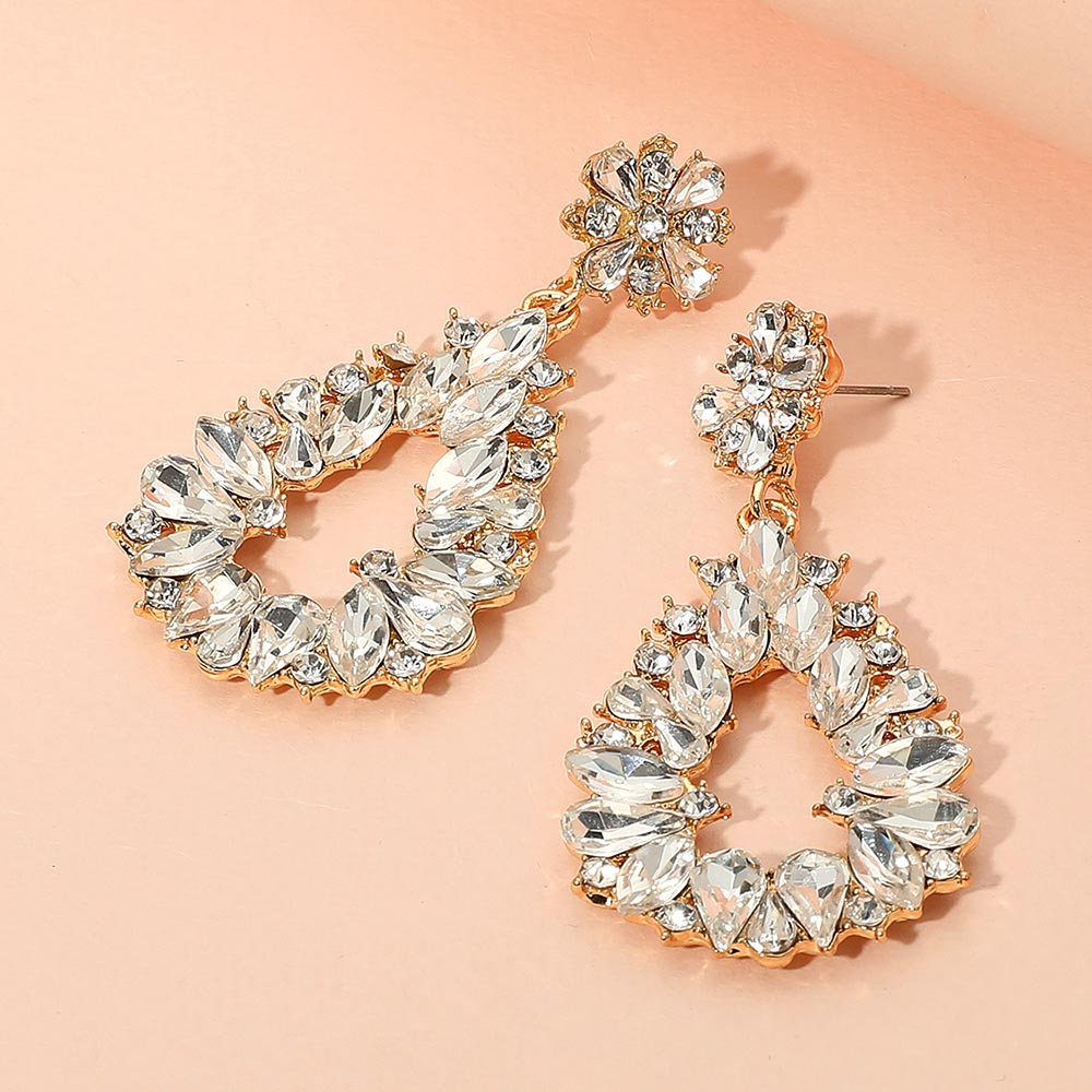 Clear Marquise and Teardrop Stone Elongated Open Center Chandelier Pageant Earrings on Gold | Special Occasion Jewelry |  668540