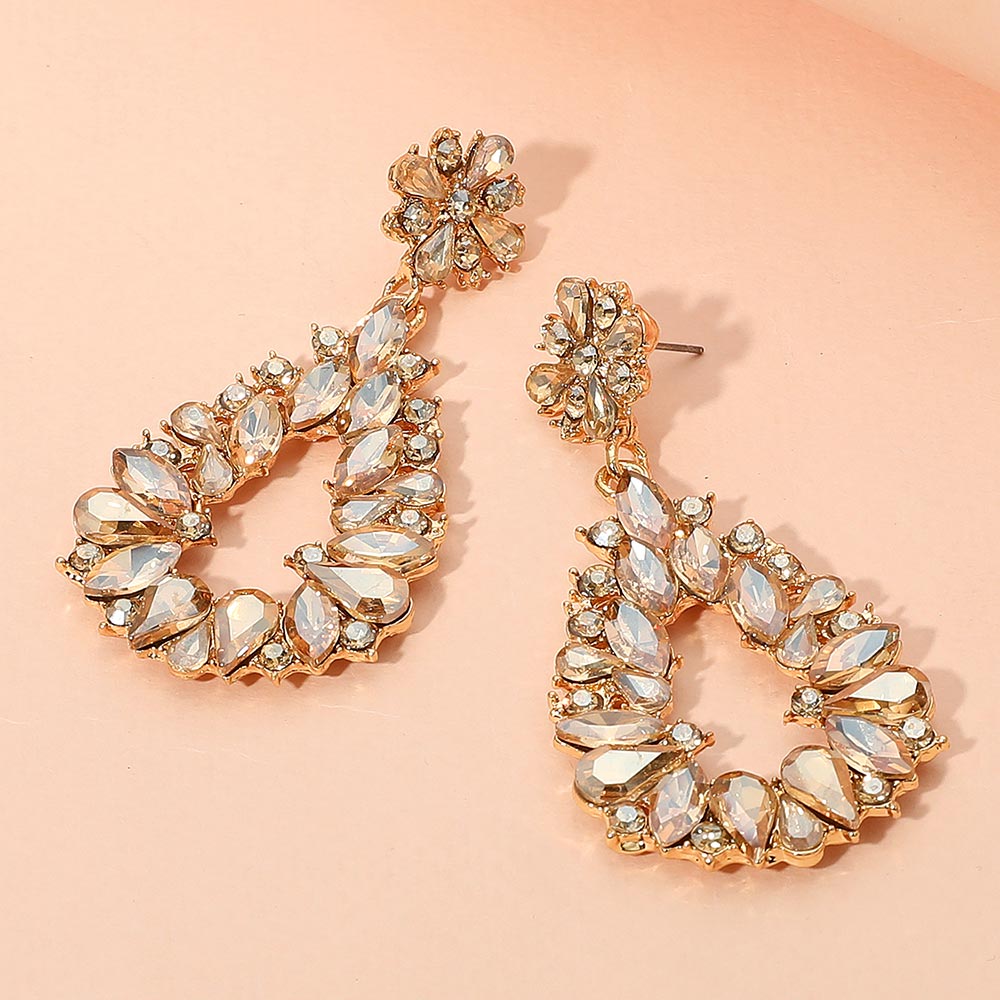 Light Topaz Marquise and Teardrop Stone Elongated Open Center Chandelier Pageant Earrings | Special Occasion Jewelry