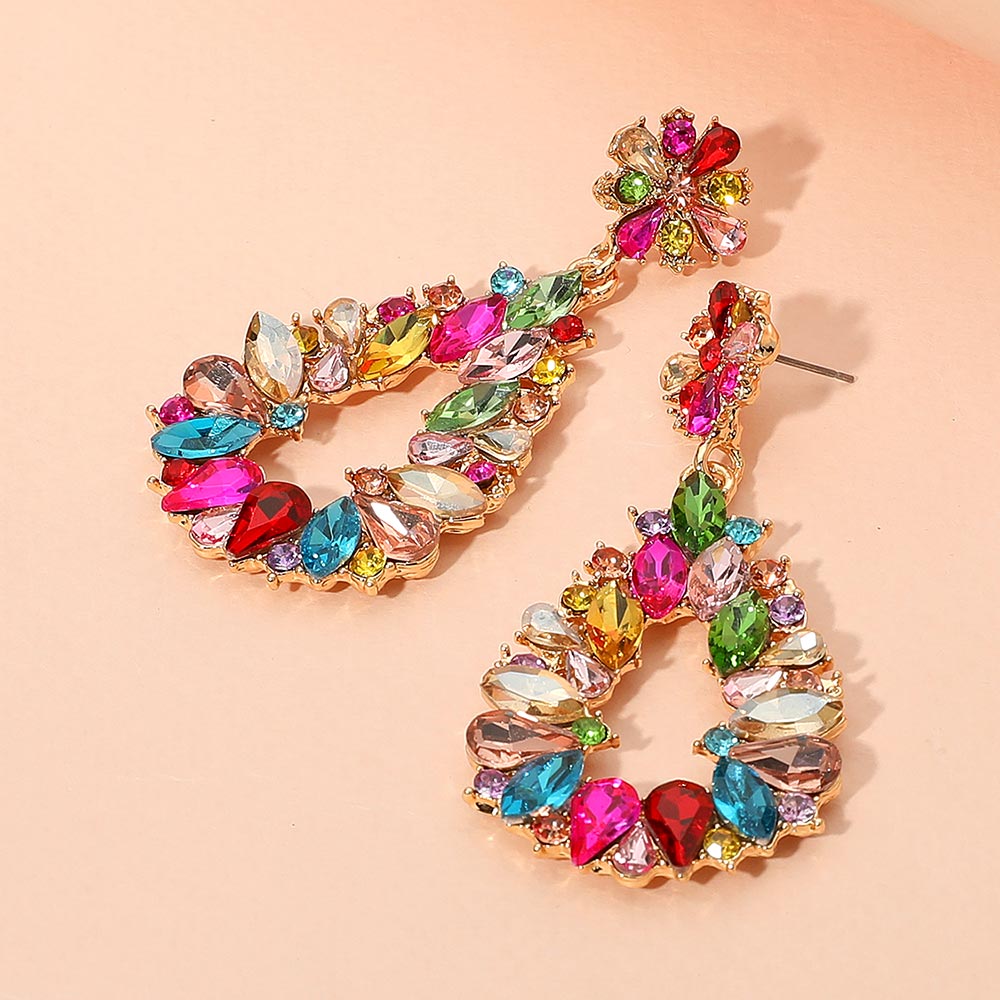 Multi-Color Marquise and Teardrop Stone Elongated Open Center Chandelier Pageant Earrings | Special Occasion Jewelry