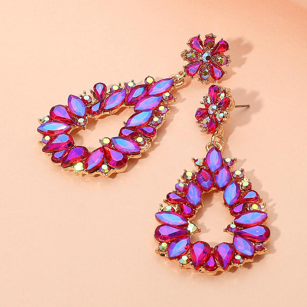 Purple AB Marquise and Teardrop Stone Elongated Open Center Chandelier Pageant Earrings | Special Occasion Jewelry