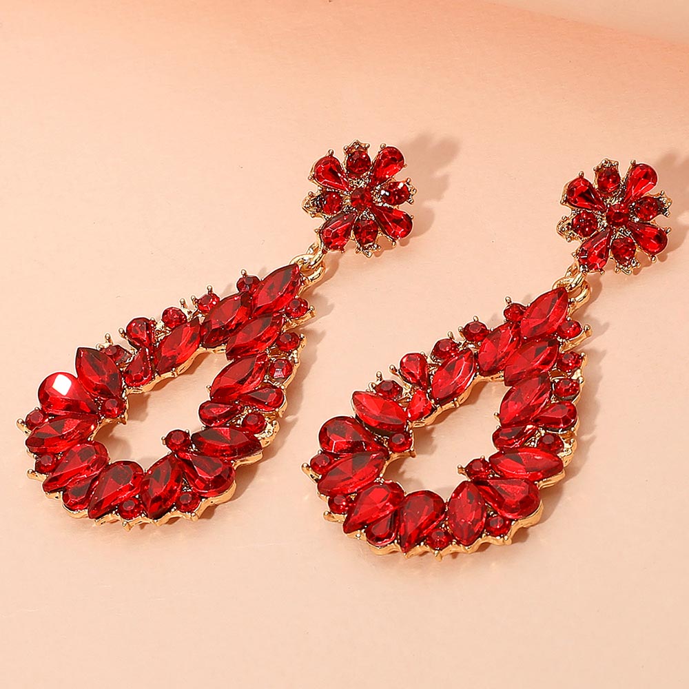 Red Marquise and Teardrop Stone Elongated Open Center Chandelier Pageant Earrings | Special Occasion Jewelry
