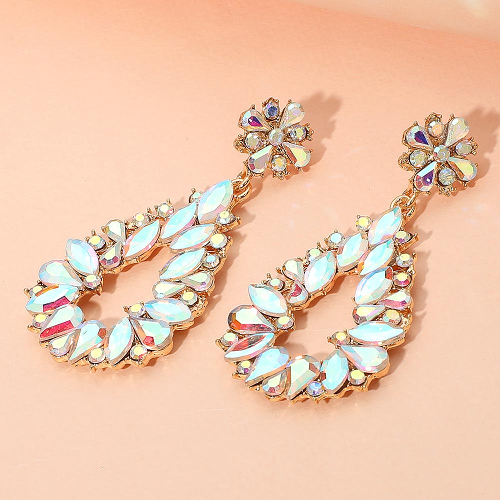 AB Marquise and Teardrop Stone Elongated Open Center Chandelier Pageant Earrings on Gold | Special Occasion Jewelry