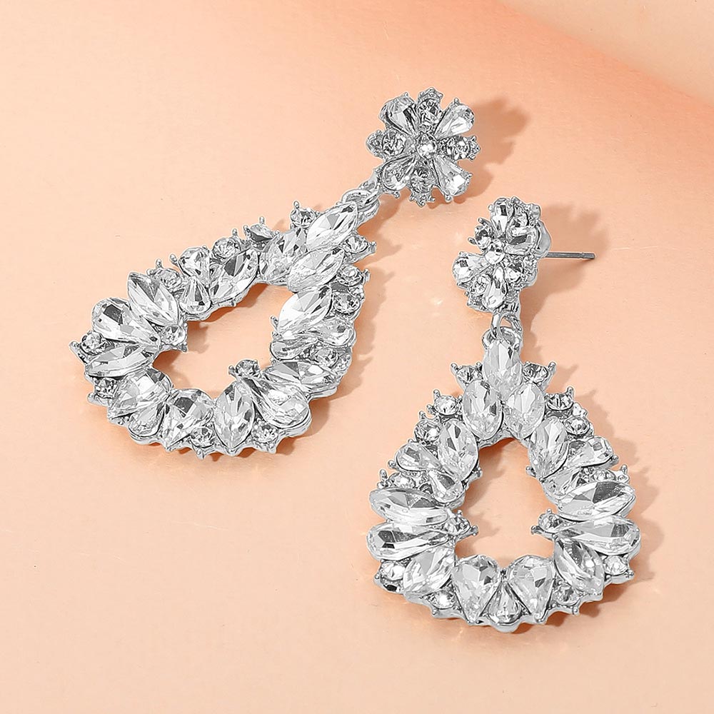 Clear Marquise and Teardrop Stone Elongated Open Center Chandelier Pageant Earrings  | Special Occasion Jewelry