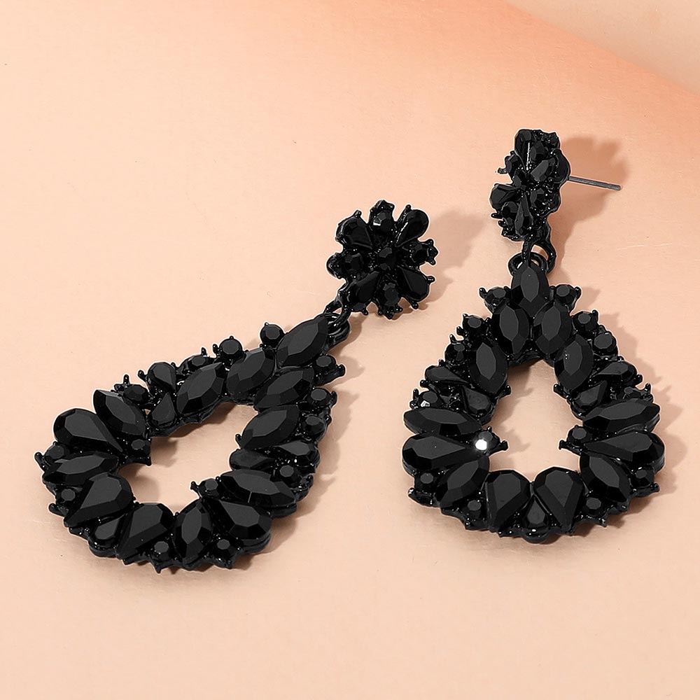 Black Marquise and Teardrop Stone Elongated Open Center Chandelier Pageant Earrings  | Special Occasion Jewelry
