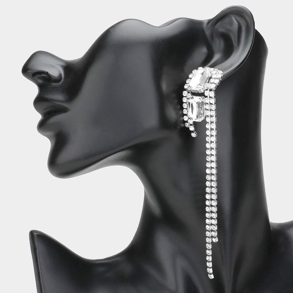Double Clear Rectangle Stones with Long Rhinestone Fringe | Pageant Earrings | Prom Earrings
