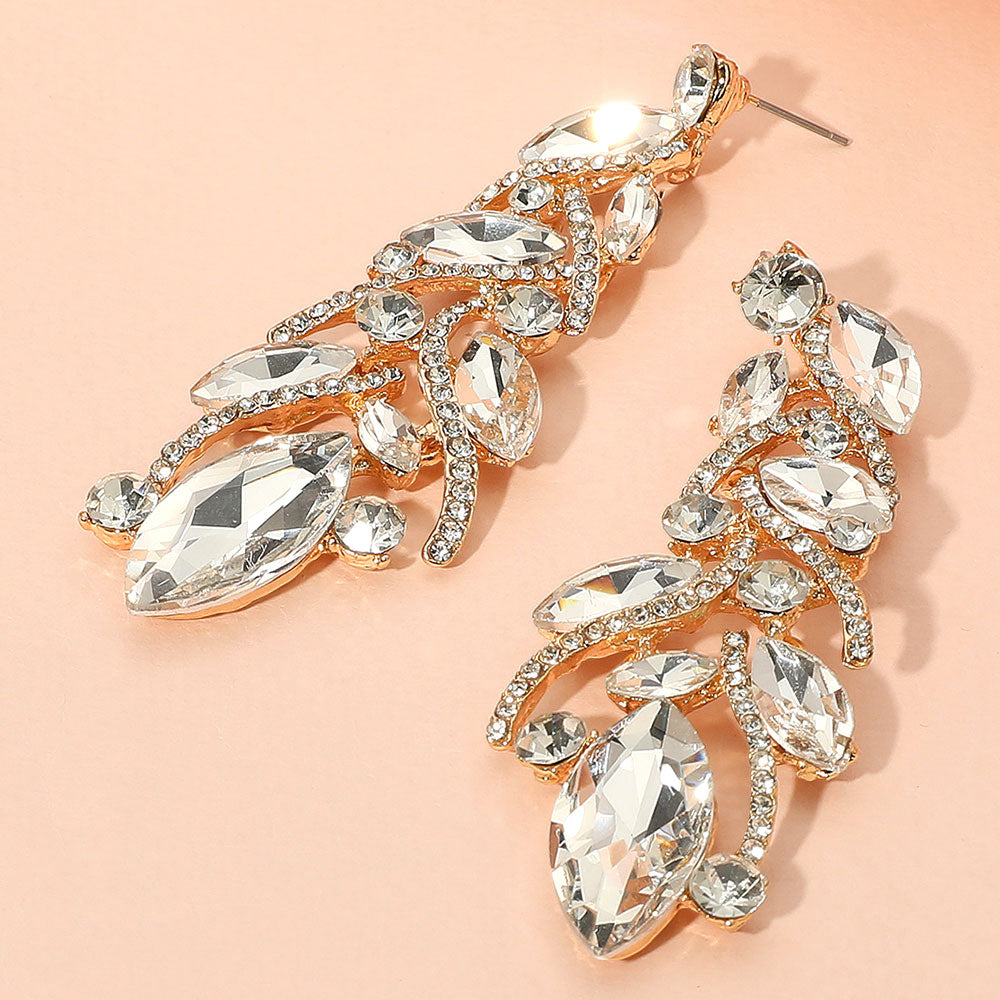 Long Clear Marquise Stone and Rhinestone Embellished Pageant Earrings on Gold | Evening Earrings