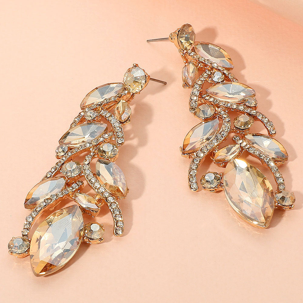 Long Light Topaz Marquise Stone and Rhinestone Embellished Pageant Earrings on Gold | Evening Earrings