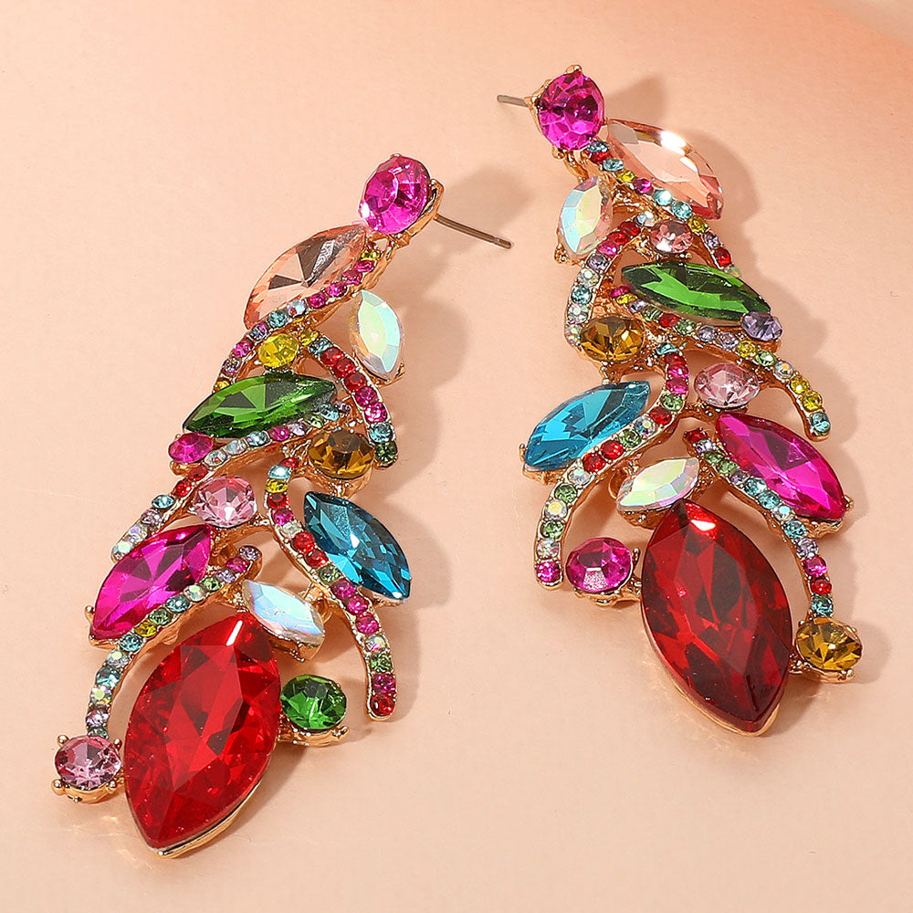 Long Multi-Color Marquise Stone and Rhinestone Embellished Pageant Earrings