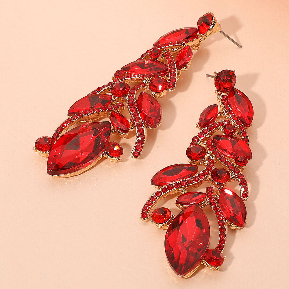 Long Red Marquise Stone and Rhinestone Embellished Pageant Earrings | Evening Earrings